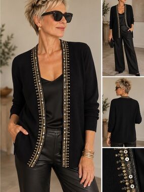Chico's Black Open-Front Cardigan with Gold & Silver Sequin Trim